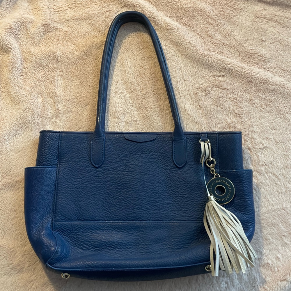 Isaac Mizrahi Royal Blue Tote leather gross grain with Tassel Charm